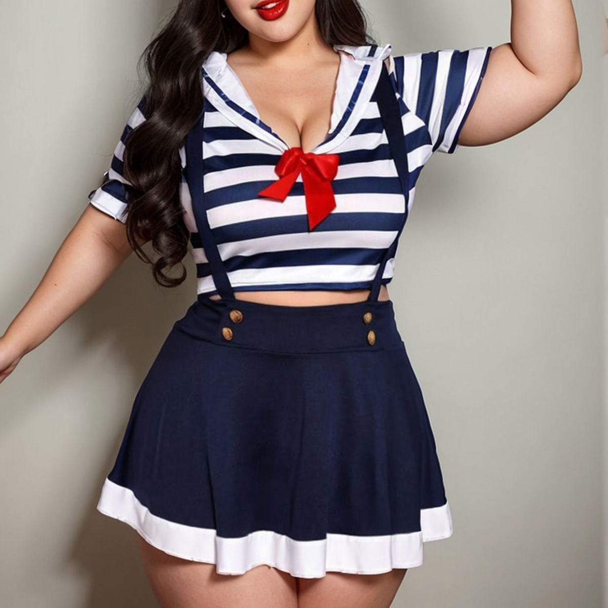 Plus Size Sexy Sailor Costume Set Striped Top And Mini Dress with Hat